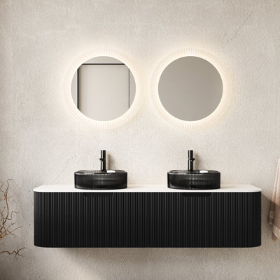 Meuble-lavabo 60 po avec 2 tiroirs et lavabos ronds noirs transparents, pré-assemblé, noir, armoire en contreplaqué à rayures 3D, tiroirs de conception contemporaine, espace de tiroir généreux