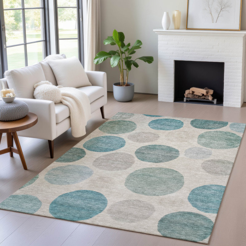 Tapis bleu sarcelle lavable à la machine intérieur / extérieur Xhevrie, Rectangulaire 3 pi x 5 pi