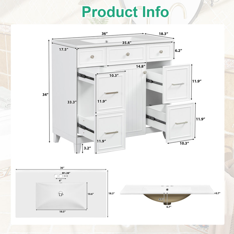 36" Bathroom Vanity With Ceramic Sink,solid Wood Frame, Soft Close Doors, White