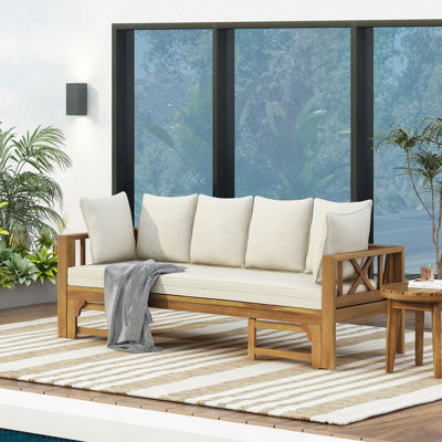 Canapé d'extérieur extensible 3 places en bois d'acacia, canapé rembourré, méridienne, méridienne spacieuse et méridienne de patio
