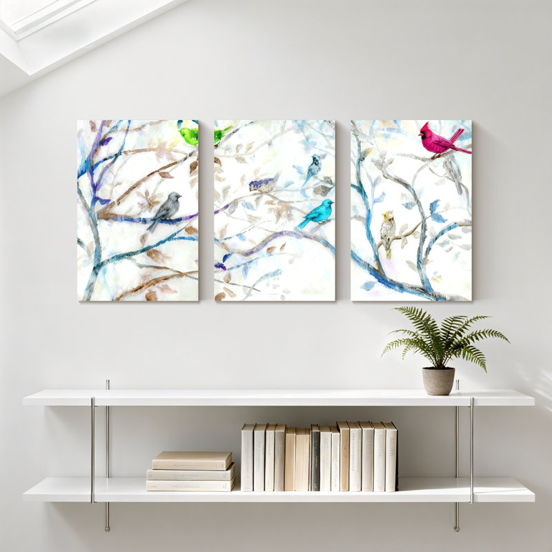 «Birds Colorful Birds On Branches», ensemble de 3 impressions sur toile, H 30 po x l 60 po