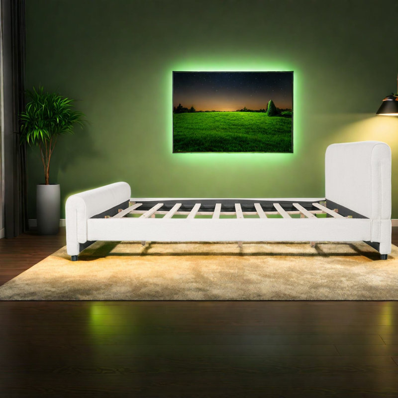 Pas de sommier tapissier, cadre très grand blanc, chambre à coucher courbée moderne
