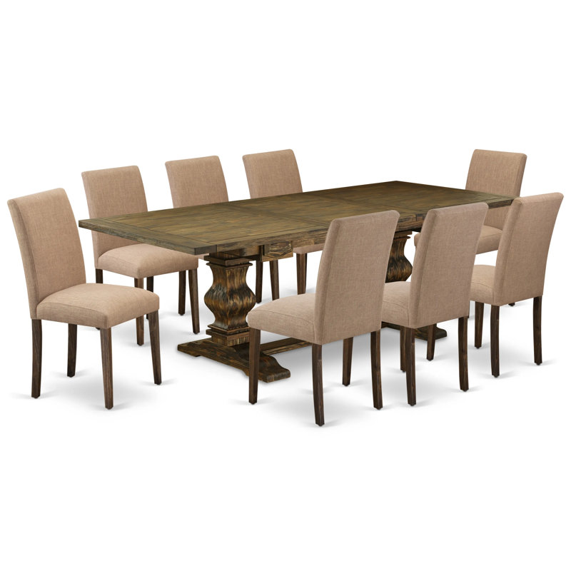 9 Piece Modern Dining Table Set Includes a Rectangle Wooden Table with Removable Leaf and 8 Light Sable Linen Fabric Parsons Chairs, Jacobean