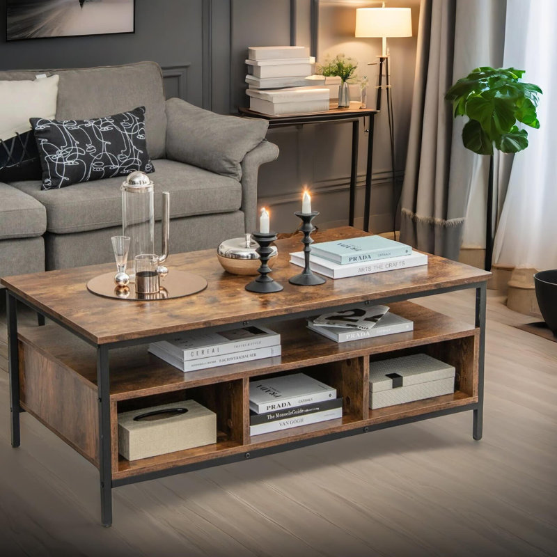 Rustic Industrial 3 Tier Coffee Table with Storage Shelves, Living Room Furniture