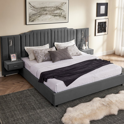 King Size Velvet Fabric Bed Frame, Vertical Stripe Design, Headboard, Bedside Table, Angle - Adjustable Lighting Gray, No Box Spring Needed Bed, Lamp Required