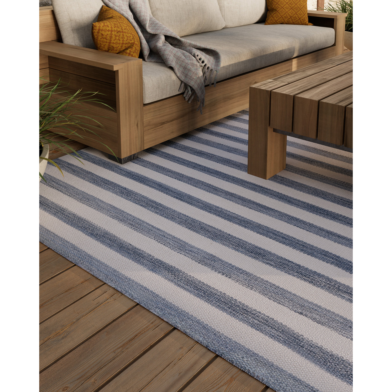 Rockaway Blue Hand-Woven Striped Outdoor Rug, 2'3" X 8' Runner