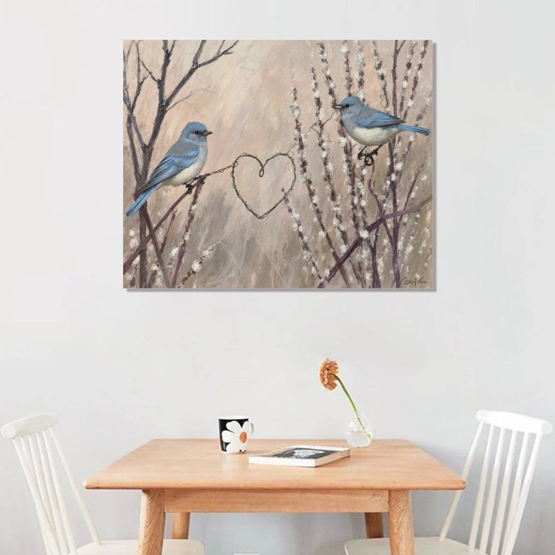 Oiseau bleu et branche en forme de cœur, l 16 po x L 20, cadre en bois encastré