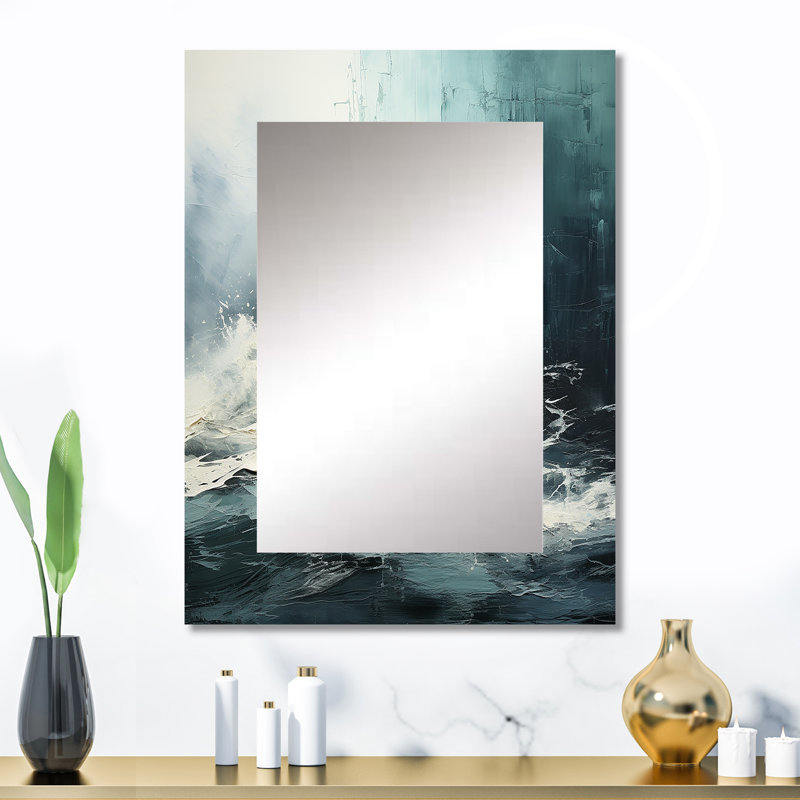 Minimalism Black And White Paint Wave IV - Coastal Wall Mirror, Blue Decorative Mirror, Printed Metal Art, 32" x 24"