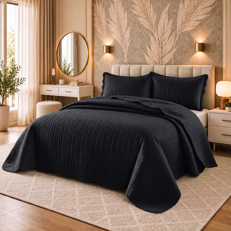 Ensemble de couvre-lit matelassé en microfibre embossée, Édredon très grand et 2 taies décoratives stand, Black