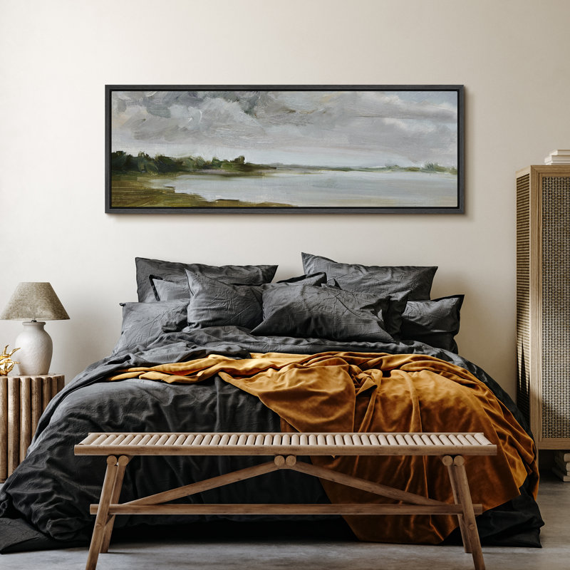 Tranquil Landscape Soft Brushstroke Lake Scene, reproduction d'art sur toile, H 20 po x l 60 po, Noir, noir, noir, noir