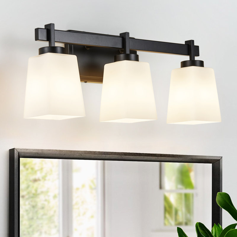 ETL Certificated Vanity Light with Milk Glass Shades, Modern Bathroom Light Fixture, Matte Black, 3