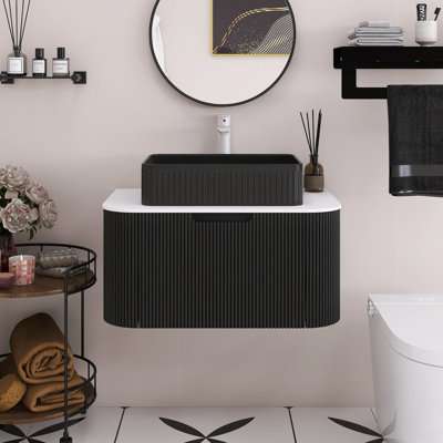Meuble-lavabo mural de 30 po avec bords arrondis et conception rayée, armoire de rangement avec tiroir, lavabos rectangulaires en céramique noire.