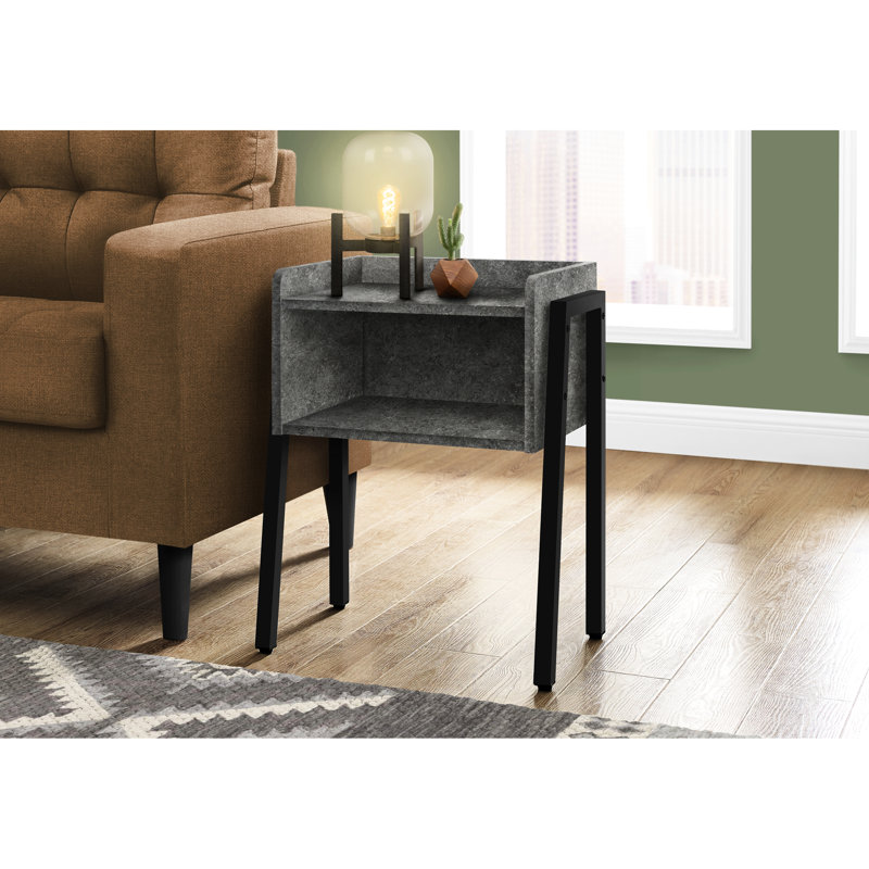 Table grise de 11,65 pouces de large avec pieds en métal noir et plateau de rangement contemporain