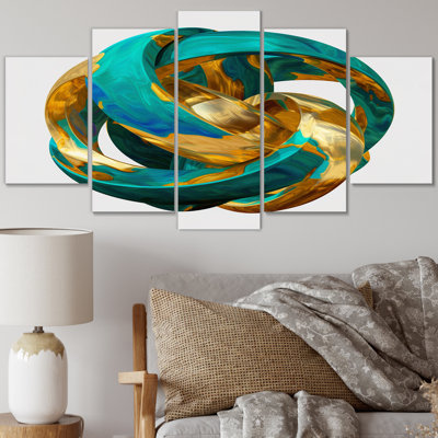 Confronting Infinity 3D Turquoise Gold Sphere - Abstract Fractal Wall Decor - 5 Panels