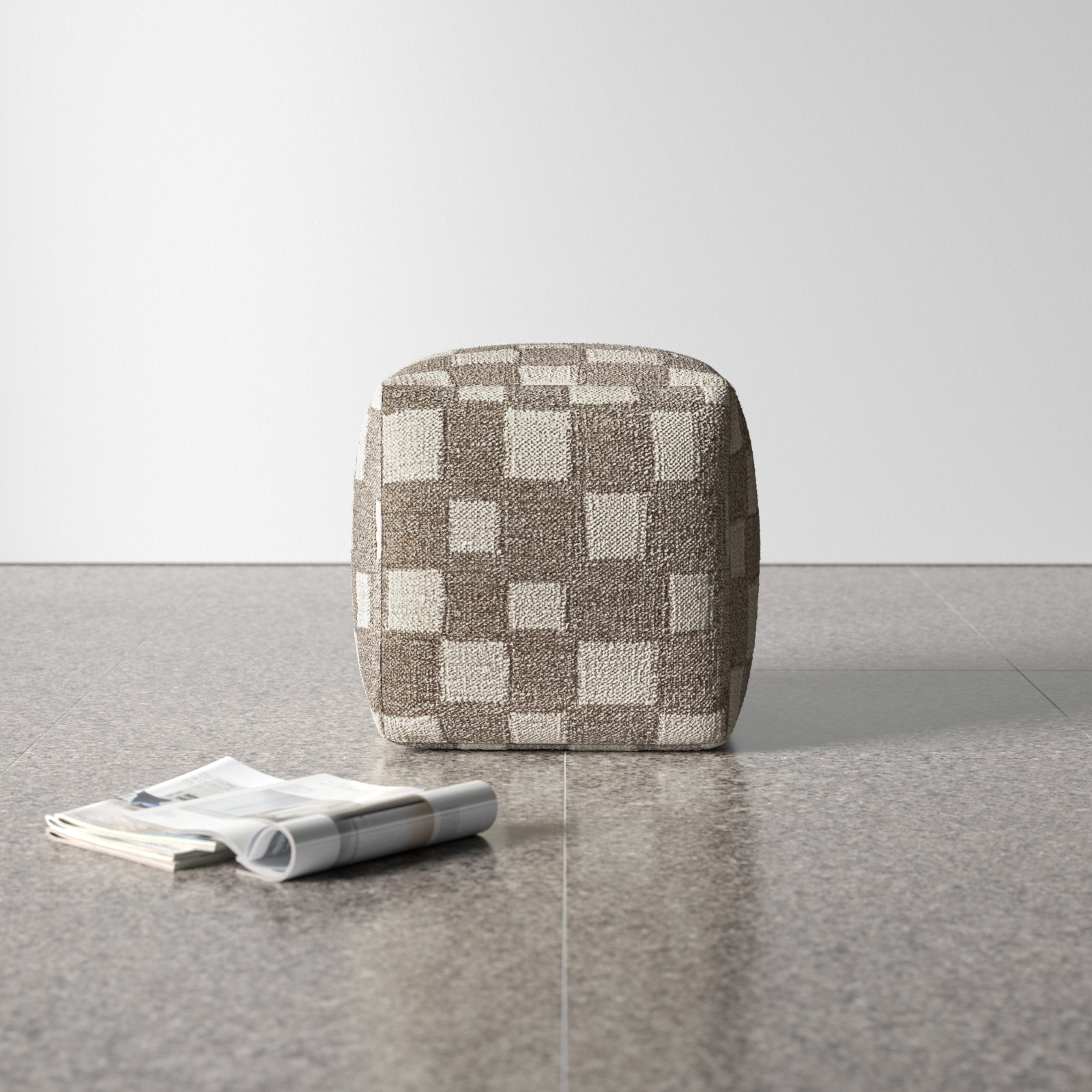 Gwennie Upholstered Pouf, Tan/Off White Wool/Cotton Blend