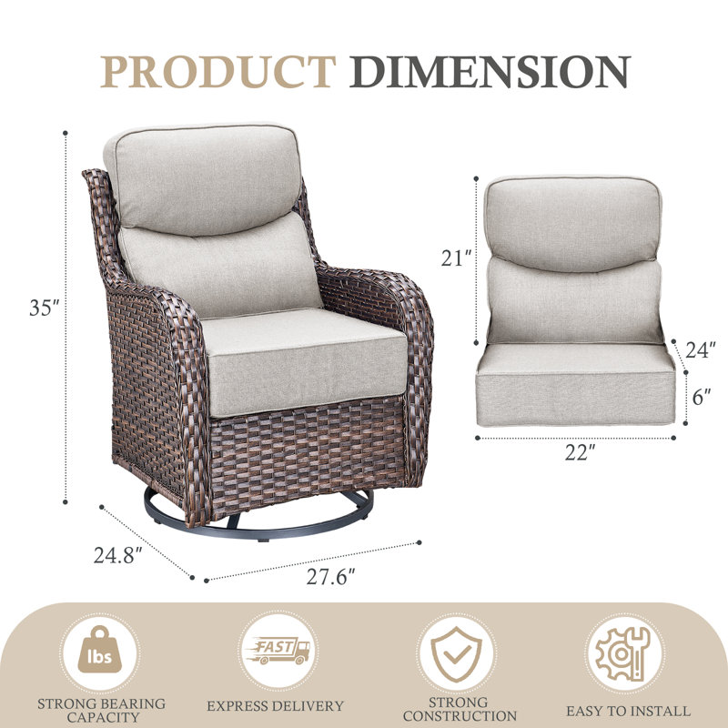 Chaises à bascule pivotantes en osier pour l'extérieur avec coussins de 6 po Deb, Beige, Brun