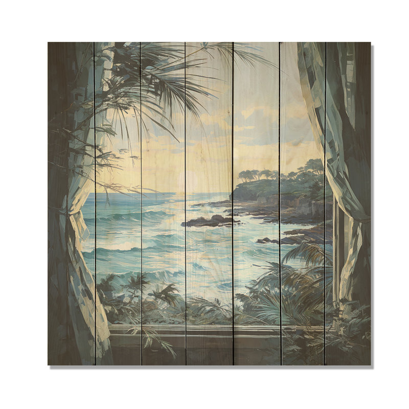 Tranquility Beach Windows Horizon V - Coastal Windows On Wood Print, 36" H x 36" W