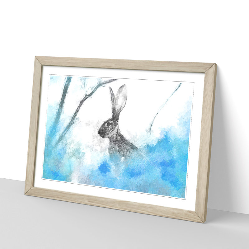 FRM-B-1271X The Alert Hare in Blue - Picture Frame Painting, 27cm H x 36cm W x 2cm D, Oak Framed