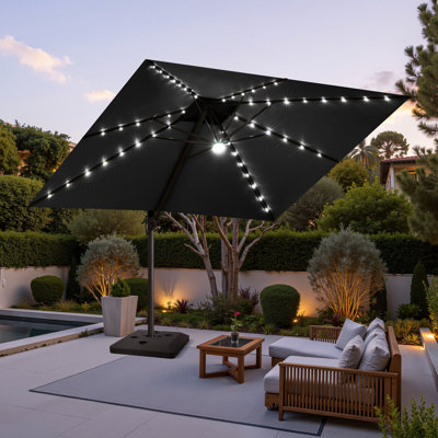 Parasol en porte-à-faux de patio carré 11 pi 11 pi avec lumières DEL et base lestée