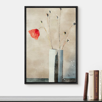 " A Booming Poppy And Flower Buds In A Gray Vase "