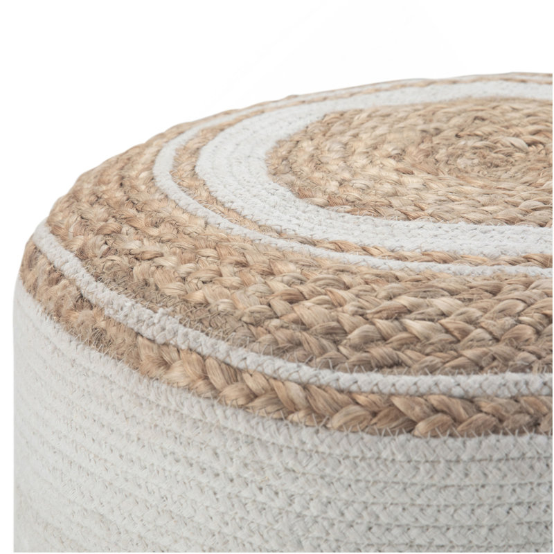 Serena - Pouf rond tressé - Naturel, Tissu blanc
