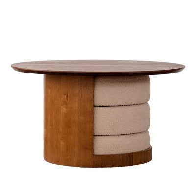 Round Wood Coffee Table With 3 Teddy Fabric Nesting Stools, Farmhouse Multifunctional Center Table Set With Hidden Storage For Living Room