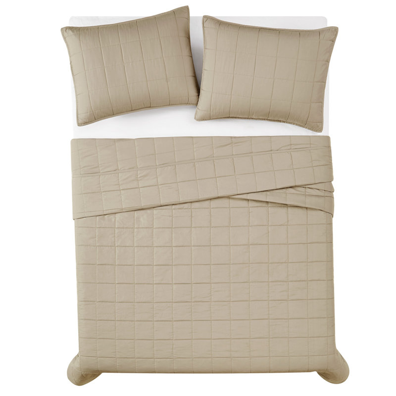 London Fog Garment Wash Solid Quilt Set, Khaki, Twin Quilt + 1 Standard Shams