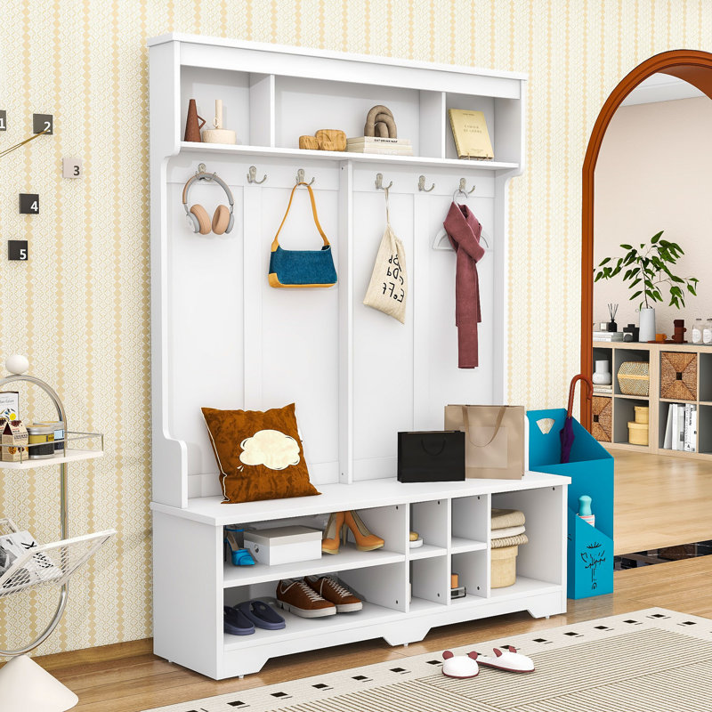 Elegant Hall Tree with Ample Storage, Wide Bench and Durable Design, White
