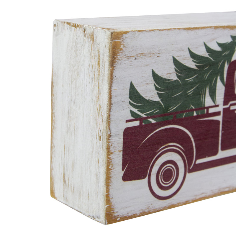 Enseigne de Noël blanche en bois 6 "avec camion rouge rétro et arbre
