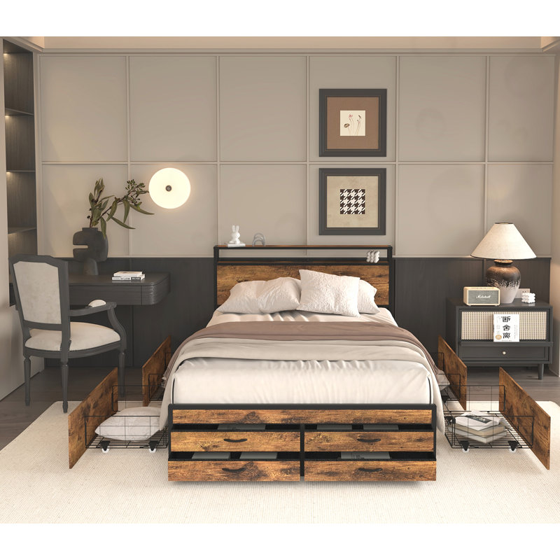 Cadres de lit double avec 8 tiroirs de rangement et station de charge, Lit double