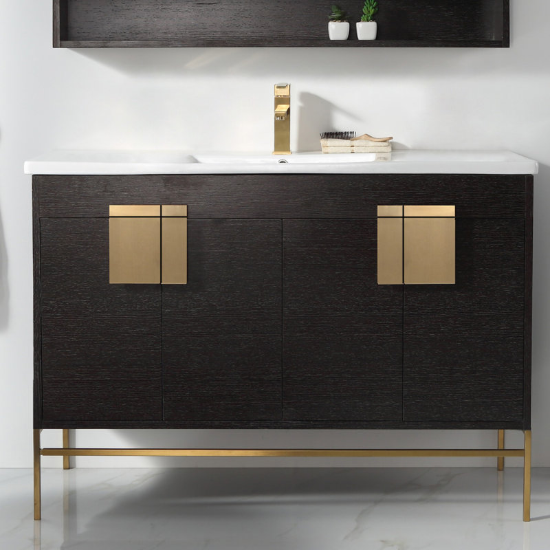 Maisie 48'' Single Bathroom Vanity with Ceramic Top, Black Straight Grain, Satin Brass