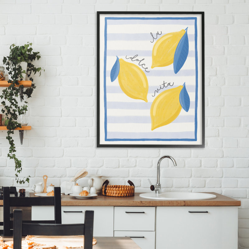 «Dolce Vita Lemons & Stripes», estampe numérique, conception de Jalynn Heerdt, H 30 po x l 24 po, Giclée encadrée noir minuit