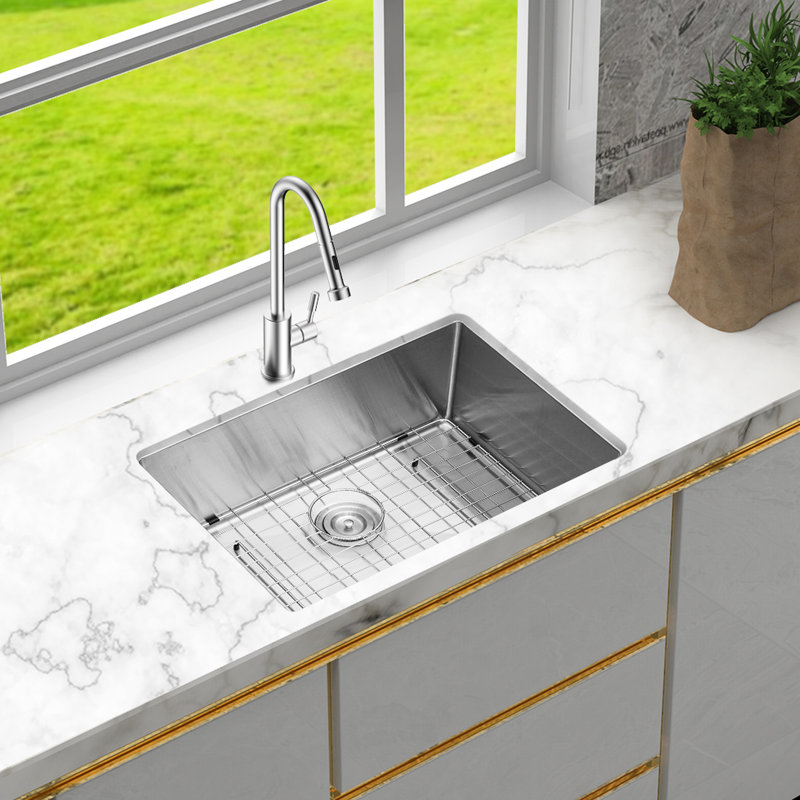 27"X18"X10" Single Bowl Undermount Kitchen Sink Of 304 Stainless Steel 16 Gauge, X - Shaped Water Guide For Easy Drain, R10 Rounded Design, Thick Condensation Coating, 3Mm Pad, Included Dish Grid,