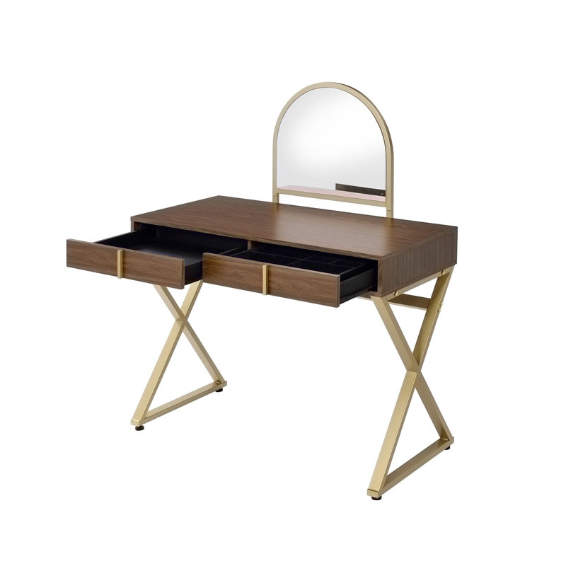 Bureau de coiffeuse en bois avec miroir, Or / noyer