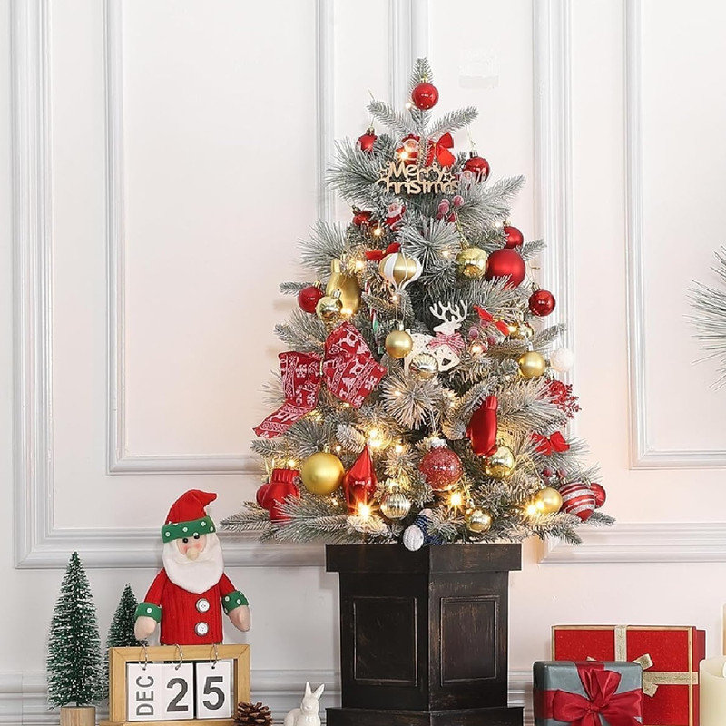 3 Ft Prelit Artificial Christmas Tress with 78 Warm White Lights, Brown Lamp Base, Snow Flocked Xmas Tree for Christmas, Bedroom, Window, Photography Decor