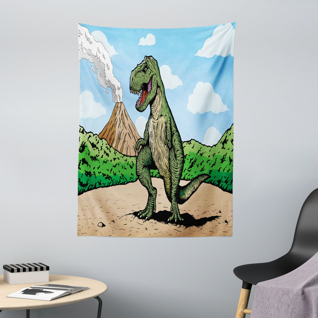 Wandteppich, T-Rex Aktiver Vulkan, Dinosaurier, Hellbraun Hellblau