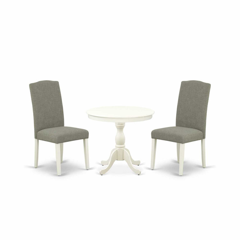 3 Piece Dining Set Consists of 1 Pedestal Dining Table and 2 Dark Shitake Linen Fabric Dining Room Chair High Back with Nail Heads - linen white Finish
