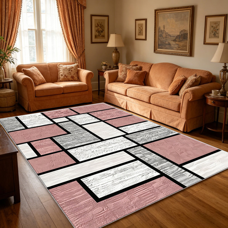 Blush Pink Mondrian Geometric carpet-easy to clean, machine-washable, soft and comfortable; suitable for door mats, kitchens, living rooms, bedrooms, corridors, and laundry areas. Easy to clean, durable carpet for home decoration.