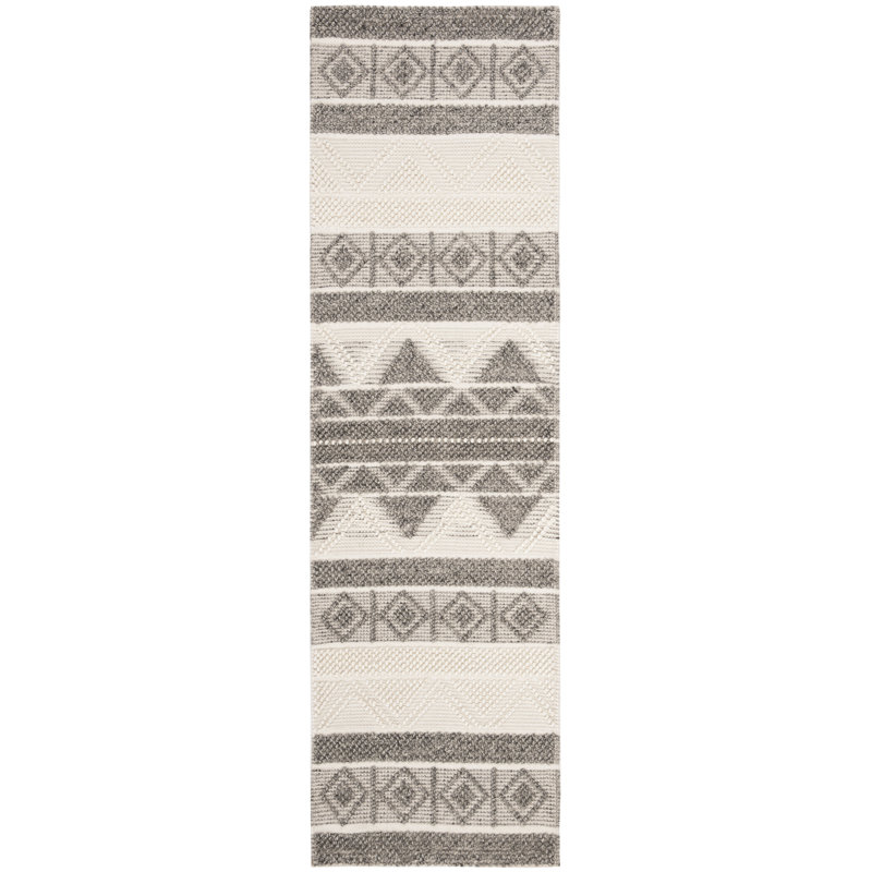 Tapis gris / beige en laine / coton tissé à la main Southwestern, Tapis de couloir 2 pi 3 po x 12 pi