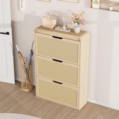 Armoire à chaussures en rotin avec 3 tiroirs rabattables, armoire de rangement étroite pour le vestibule, range-chaussures en bois