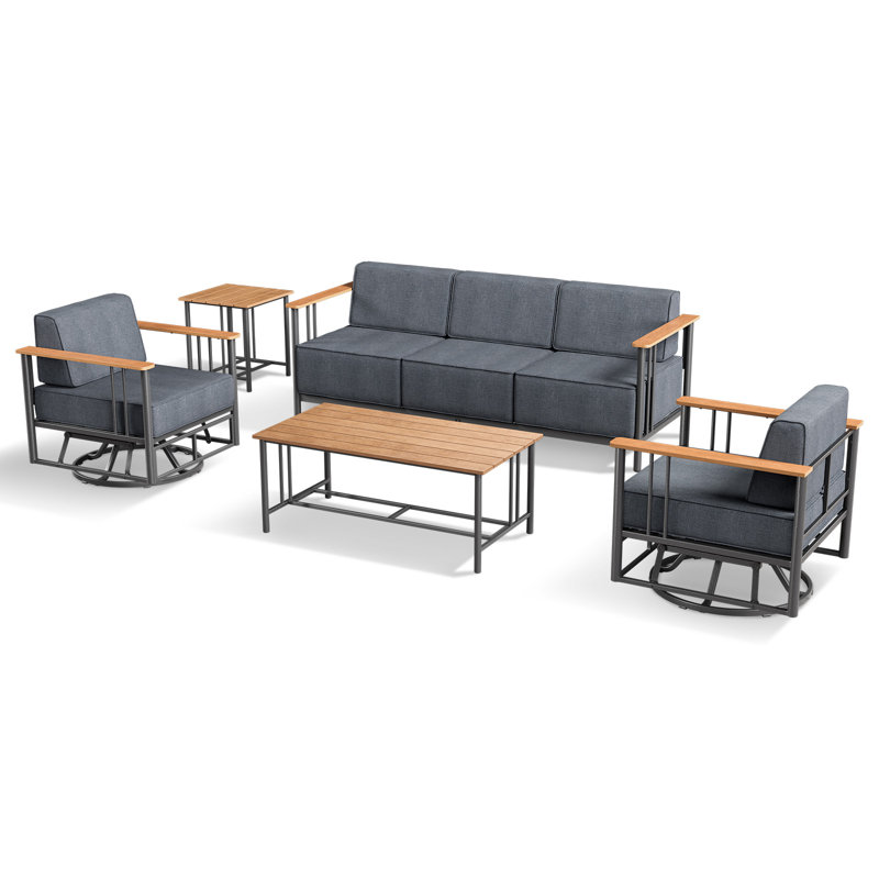 Coan Archlebov 5 Person Outdoor Patio Conversation Set Seating Group With Table And Swivel Chairs, Gray Cushion/Black Frame