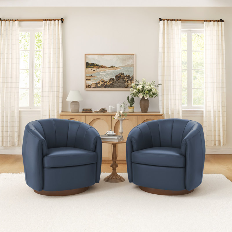 Seraphina Top Grain Leather Swivel Barrel Chair, Navy