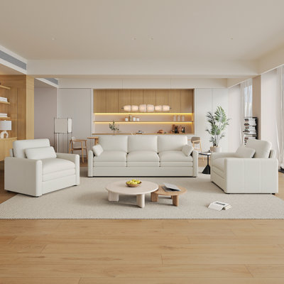 Cozy Upholstered Sofa Set Oversized Comfy Cloud Sofa Double Cushion Sofa Group Plush Cushion Sofa Couch For Living Room, Beige
