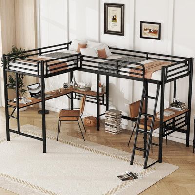 Twin Size Metal Loft Bed With Two Built-In Desks