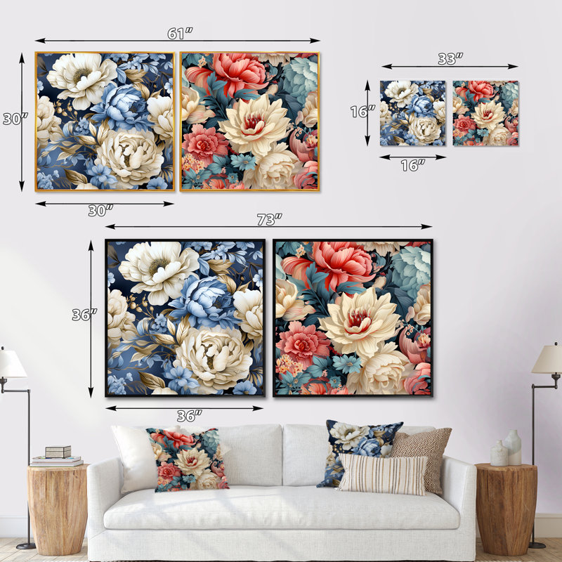 Cremeans - Ensemble de 2 collages carrés floraux, Cadre flottant noir, H 16 po x l 33 po