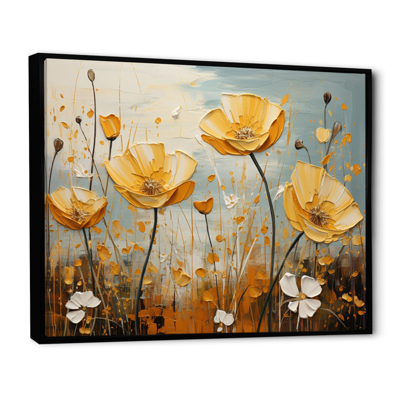 «Yellow Grey Buttercups Golden Glow Patchwork», reproduction sur toile, H 34 po x l 44 po x P 1,5 po, Cadre flottant noir