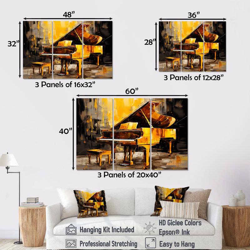 Black and Yellow Piano Jazzed Keys II - Ensemble de décorations murales piano, H 40 po x l 60 po x P 1 po