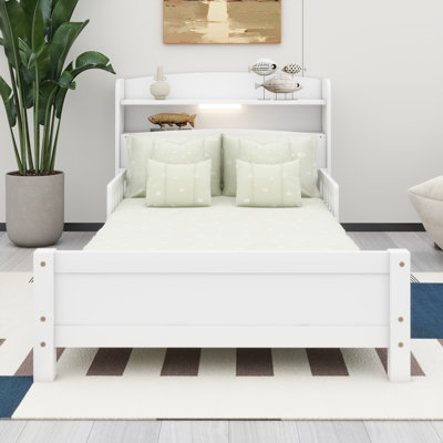 Solid Wood Bed Frame With  LED , Built-In Storage Bookcase And Adjustable Flexible Guardrails