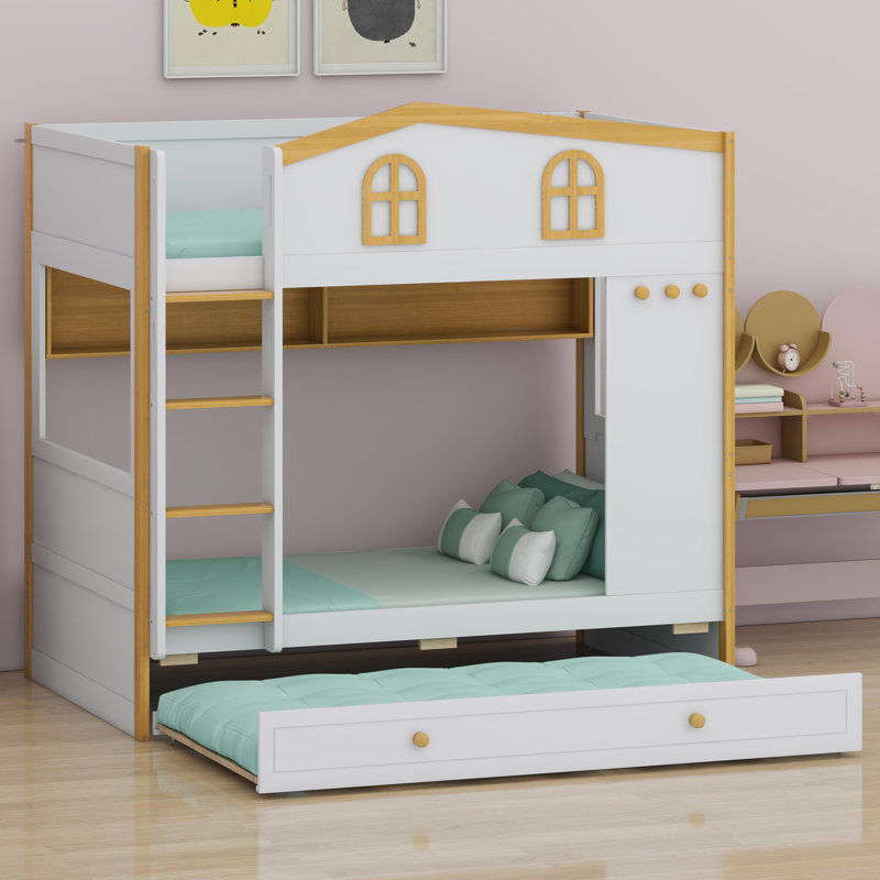 Lit superposé de forme maison avec tablettes de rangement intégrées et lit gigogne escamotable
