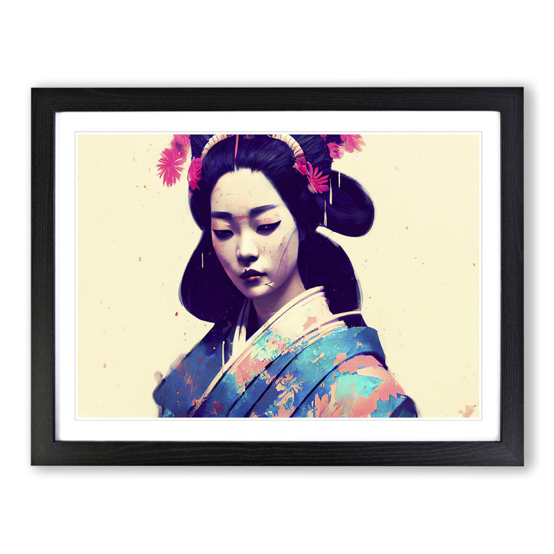 Colourful Geisha Vol.1 - Single Picture Frame Painting, 25cm H x 34cm W x 2cm D, Black Framed